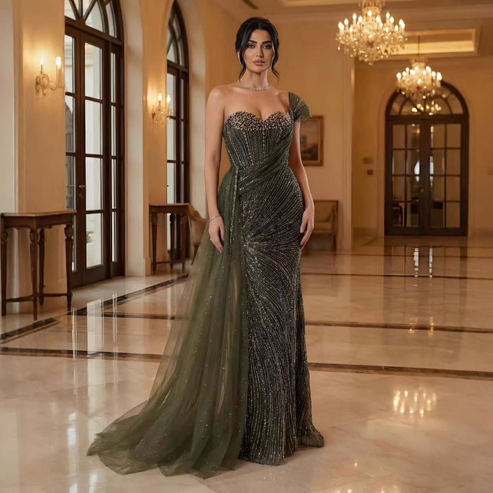 Luxury Blue Crystal Beaded One Shoulder Mermaid Evening Dress LA73425 - SERENE  HILL