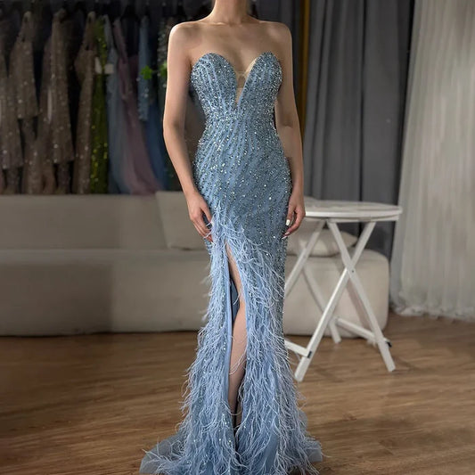 Luxury Blue Feather Beaded Evening Dress with Side Skirt LA72695 - SERENE HILL