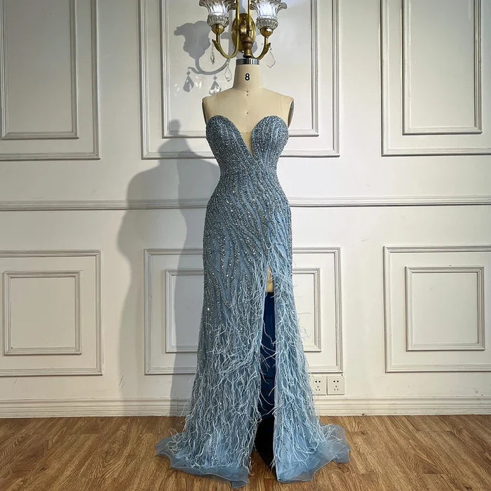 Luxury Blue Feather Beaded Evening Dress with Side Skirt LA72695 - SERENE HILL
