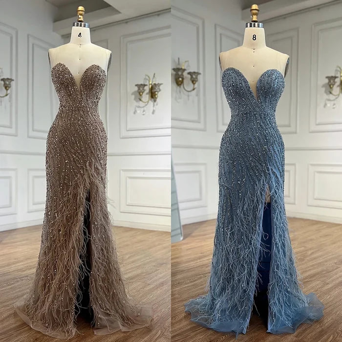 Luxury Blue Feather Beaded Evening Dress with Side Skirt LA72695 - SERENE HILL
