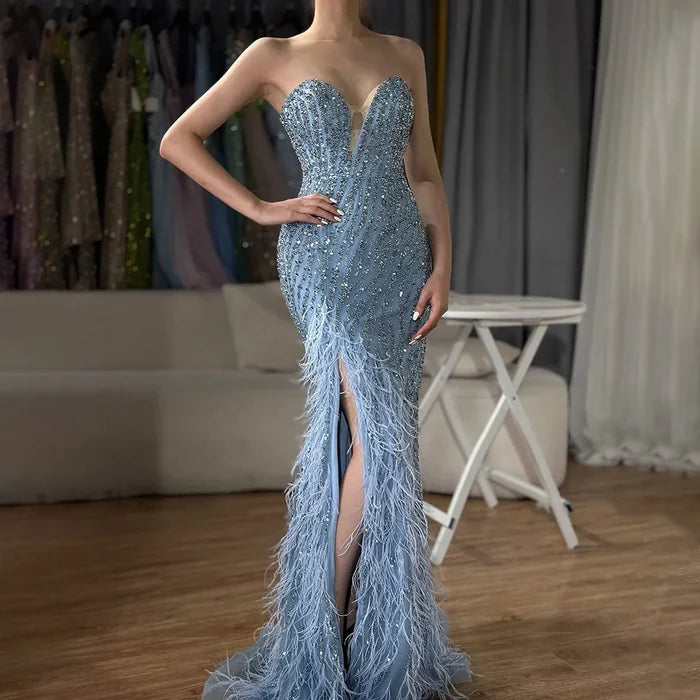 Luxury Blue Feather Beaded Evening Dress with Side Skirt LA72695 - SERENE HILL