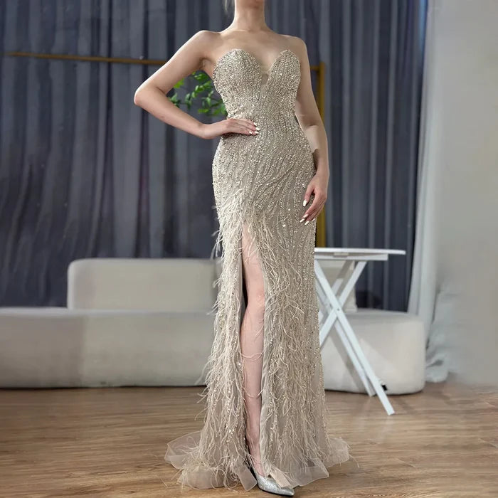 Luxury Blue Feather Beaded Evening Dress with Side Skirt LA72695 - SERENE HILL