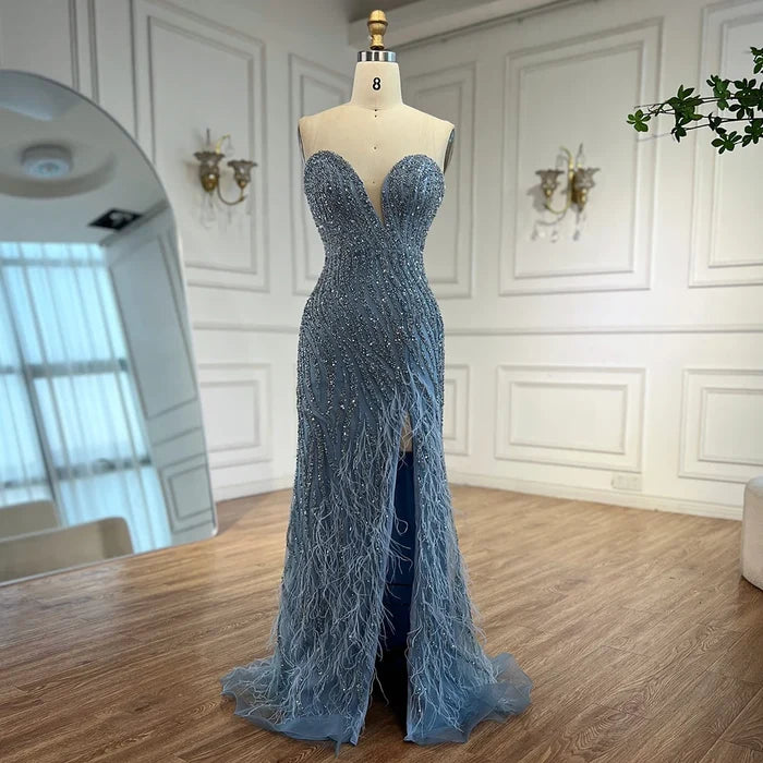 Luxury Blue Feather Beaded Evening Dress with Side Skirt LA72695 - SERENE HILL