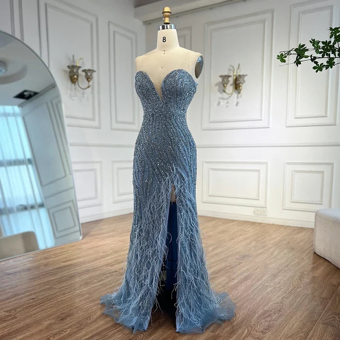 Luxury Blue Feather Beaded Evening Dress with Side Skirt LA72695 - SERENE HILL
