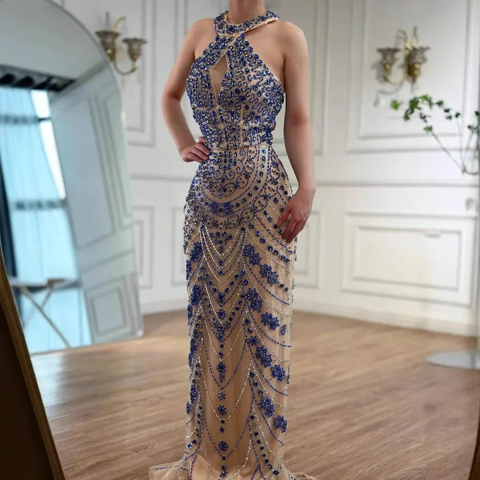 Luxury Blue Halter Crystal Beaded Evening Dress LA72760 - SERENE HILL