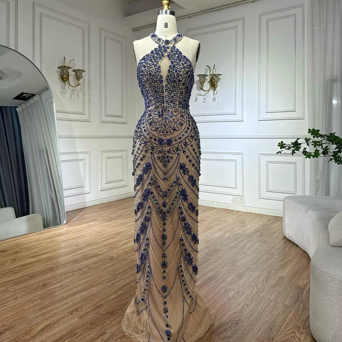Luxury Blue Halter Crystal Beaded Evening Dress LA72760 - SERENE HILL