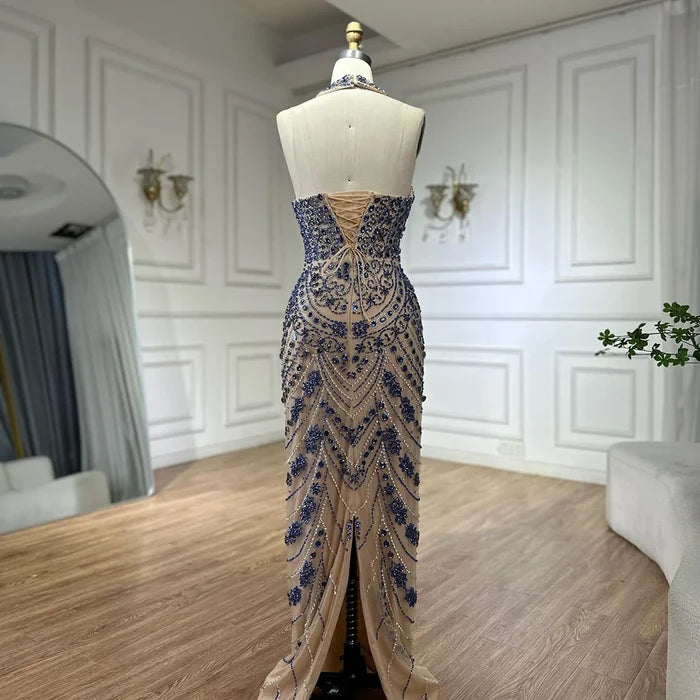 Luxury Blue Halter Crystal Beaded Evening Dress LA72760 - SERENE HILL