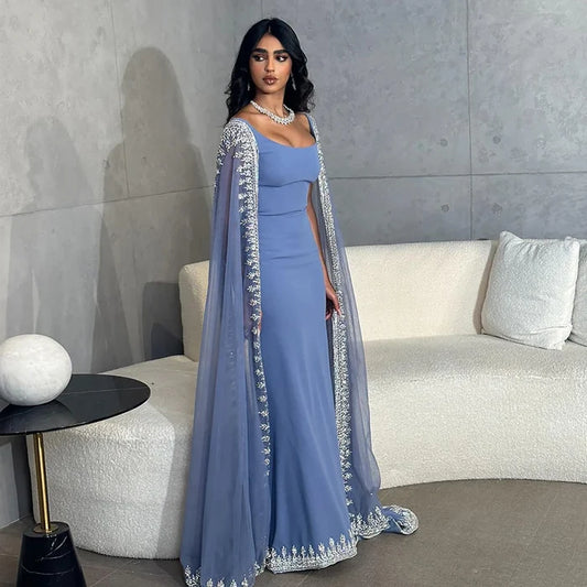 Luxury Blue Mermaid Beaded Evening Dress with Cape Sleeves LA72086 - SERENE HILL