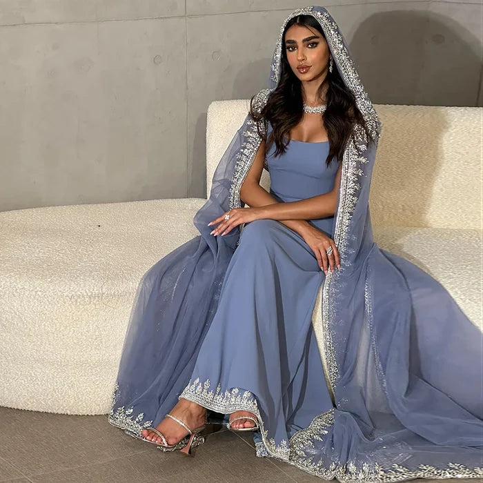 Luxury Blue Mermaid Beaded Evening Dress with Cape Sleeves LA72086 - SERENE HILL