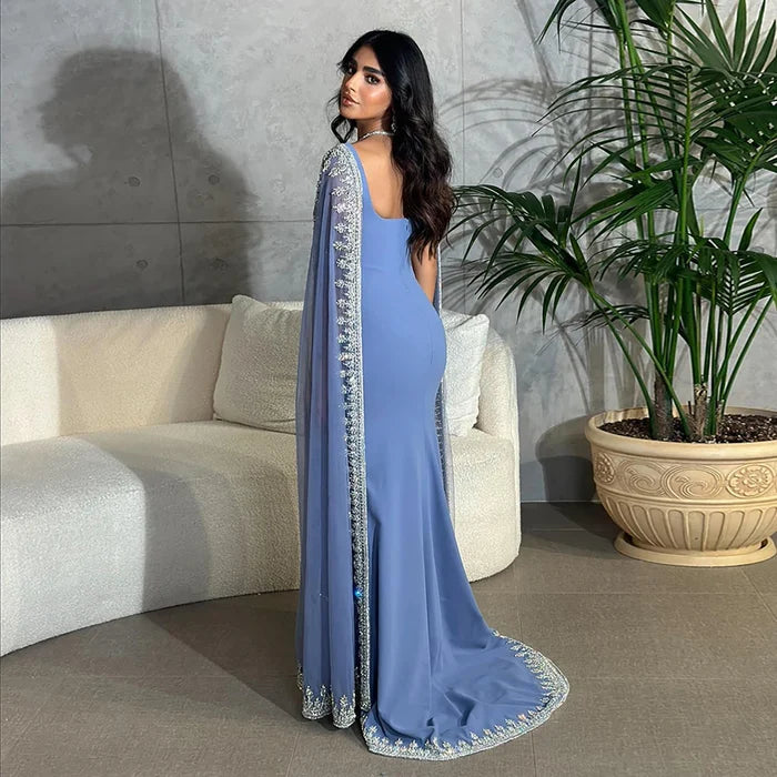 Luxury Blue Mermaid Beaded Evening Dress with Cape Sleeves LA72086 - SERENE HILL
