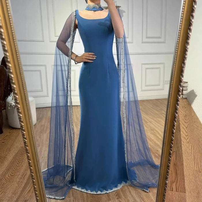 Luxury Blue Mermaid Beaded Evening Dress with Cape Sleeves LA72086 - SERENE HILL