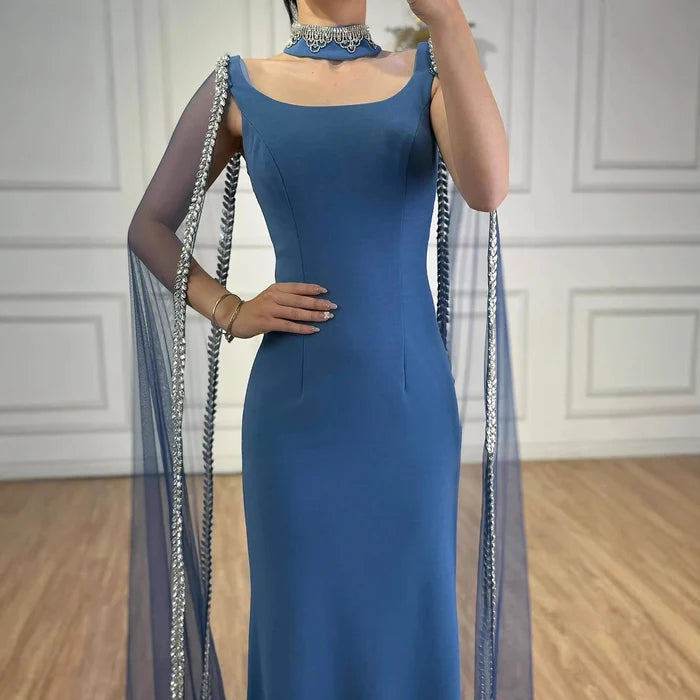 Luxury Blue Mermaid Beaded Evening Dress with Cape Sleeves LA72086 - SERENE HILL