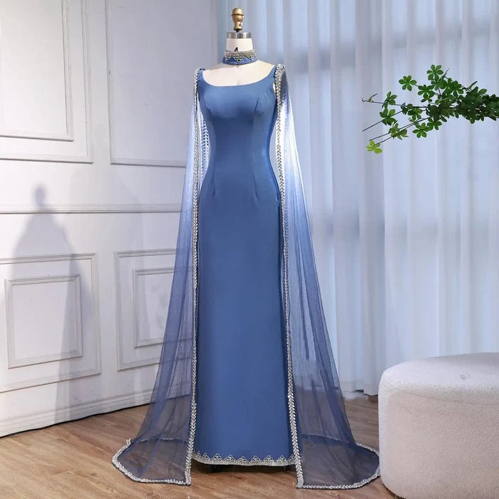 Luxury Blue Mermaid Beaded Evening Dress with Cape Sleeves LA72086 - SERENE HILL