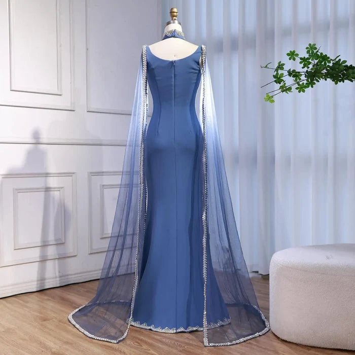 Luxury Blue Mermaid Beaded Evening Dress with Cape Sleeves LA72086 - SERENE HILL