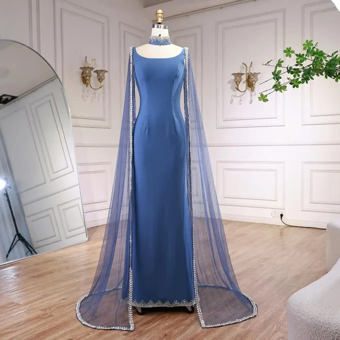 Luxury Blue Mermaid Beaded Evening Dress with Cape Sleeves LA72086 - SERENE HILL