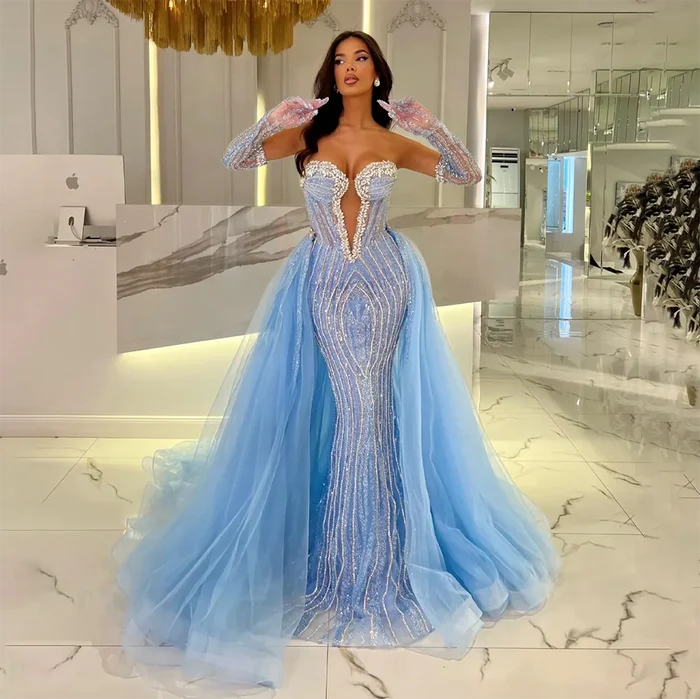 Luxury Blue Mermaid Evening Dress with Gloves and Overskirt LA72582 - SERENE HILL