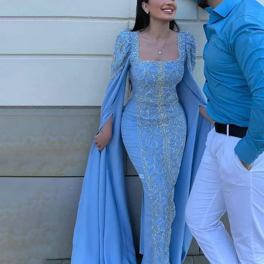 Luxury Blue Mermaid Muslim Evening Dresses with Cape Sleeves LA72050 - SERENE HILL