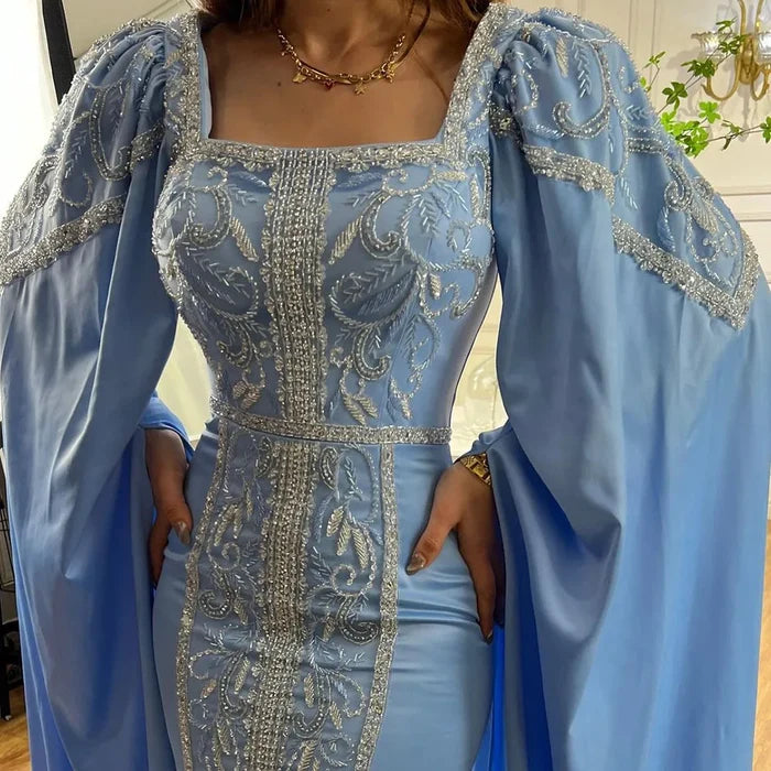 Luxury Blue Mermaid Muslim Evening Dresses with Cape Sleeves LA72050 - SERENE HILL