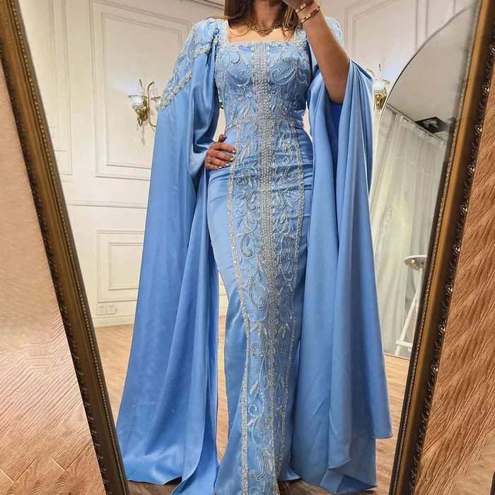 Luxury Blue Mermaid Muslim Evening Dresses with Cape Sleeves LA72050 - SERENE HILL
