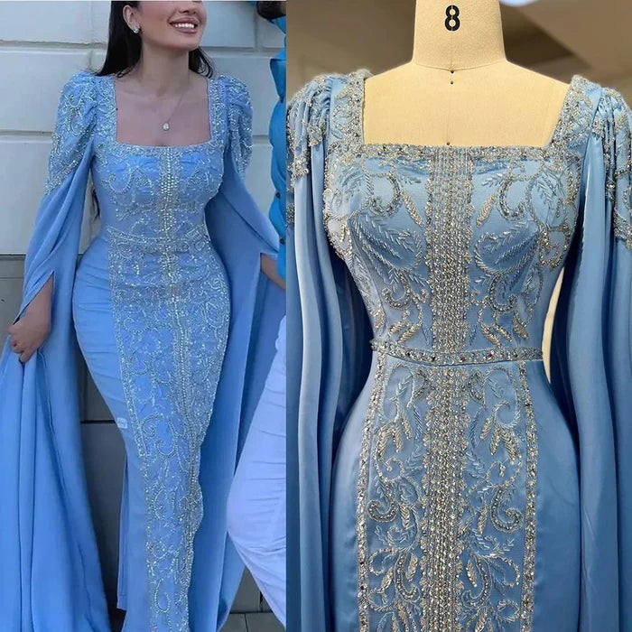 Luxury Blue Mermaid Muslim Evening Dresses with Cape Sleeves LA72050 - SERENE HILL