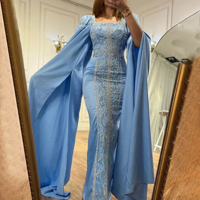 Luxury Blue Mermaid Muslim Evening Dresses with Cape Sleeves LA72050 - SERENE HILL