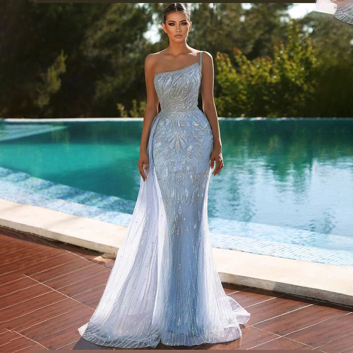 Luxury Blue One Shoulder Beaded Mermaid Evening Gown with Overskirt LA71730 - SERENE HILL