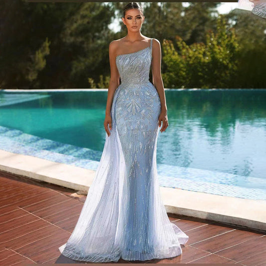 Luxury Blue One Shoulder Beaded Mermaid Evening Gown with Overskirt LA71730 - SERENE HILL