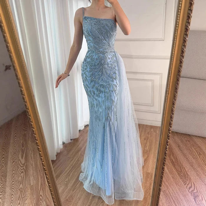 Luxury Blue One Shoulder Beaded Mermaid Evening Gown with Overskirt LA71730 - SERENE HILL