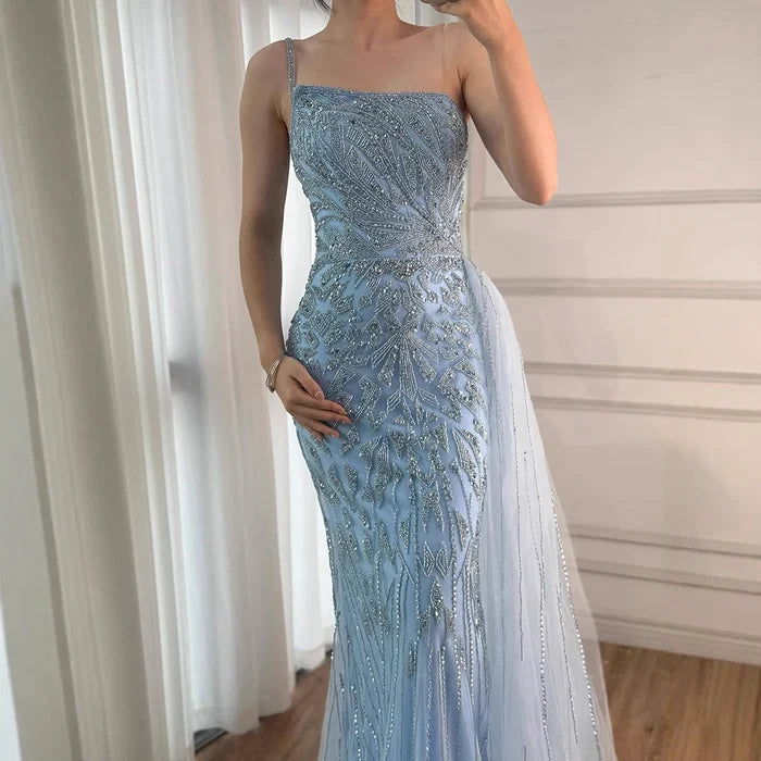 Luxury Blue One Shoulder Beaded Mermaid Evening Gown with Overskirt LA71730 - SERENE HILL