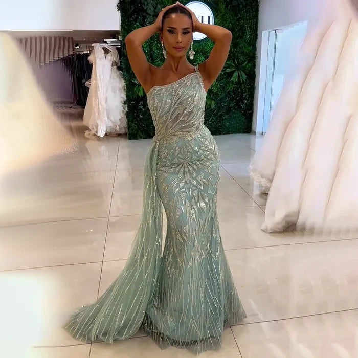 Luxury Blue One Shoulder Beaded Mermaid Evening Gown with Overskirt LA71730 - SERENE HILL