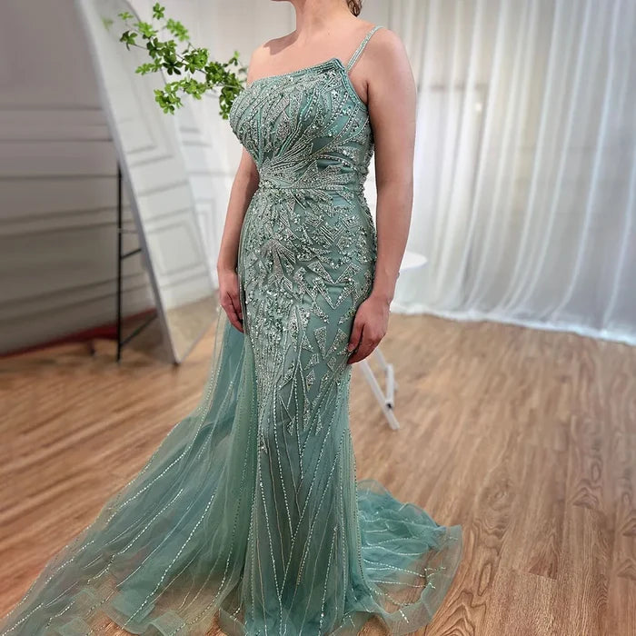 Luxury Blue One Shoulder Beaded Mermaid Evening Gown with Overskirt LA71730 - SERENE HILL