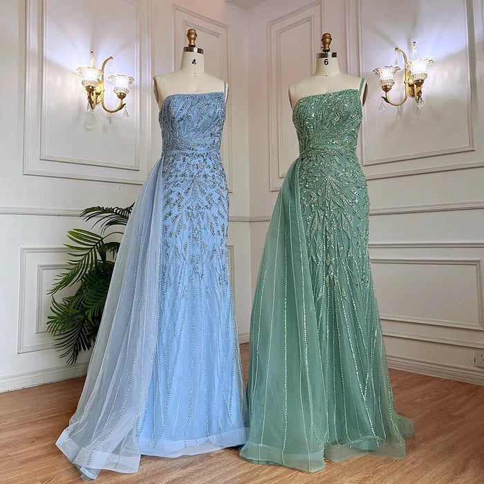 Luxury Blue One Shoulder Beaded Mermaid Evening Gown with Overskirt LA71730 - SERENE HILL