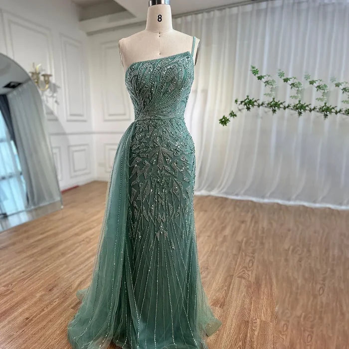Luxury Blue One Shoulder Beaded Mermaid Evening Gown with Overskirt LA71730 - SERENE HILL