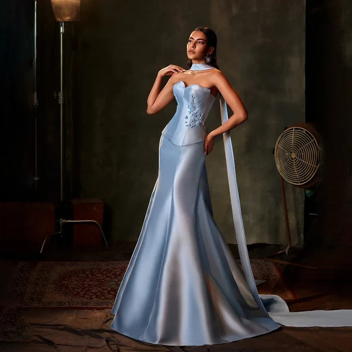 Luxury Blue Satin Mermaid Evening Dress with Long Scarf LA72831 - SERENE HILL
