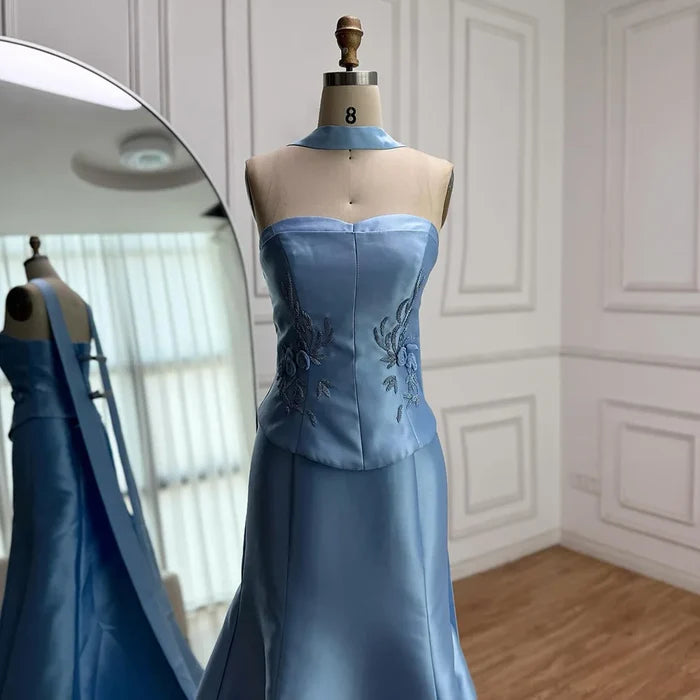 Luxury Blue Satin Mermaid Evening Dress with Long Scarf LA72831 - SERENE HILL