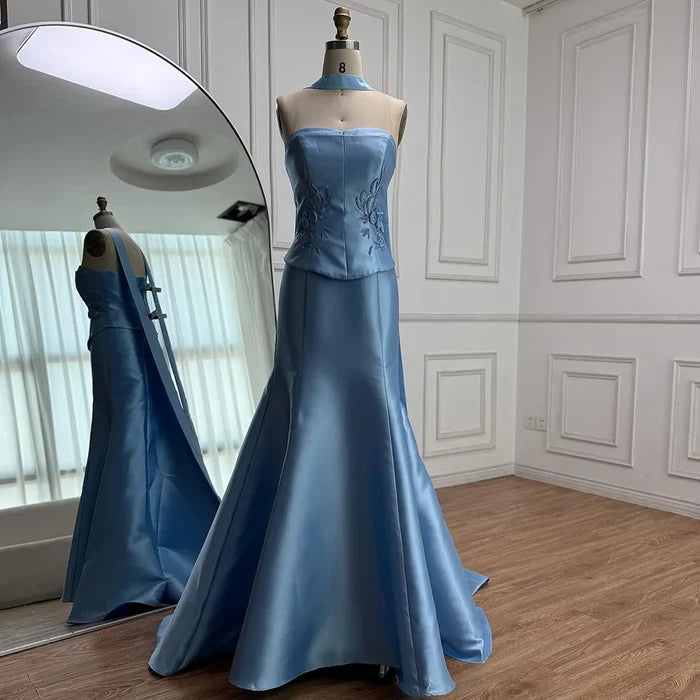 Luxury Blue Satin Mermaid Evening Dress with Long Scarf LA72831 - SERENE HILL