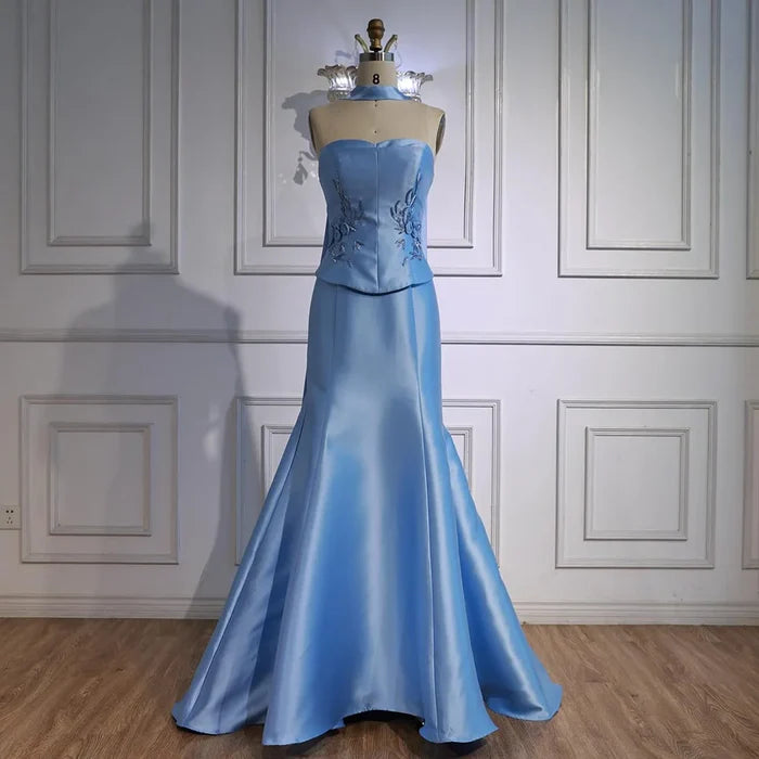 Luxury Blue Satin Mermaid Evening Dress with Long Scarf LA72831 - SERENE HILL