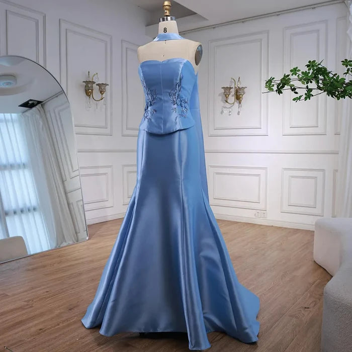 Luxury Blue Satin Mermaid Evening Dress with Long Scarf LA72831 - SERENE HILL