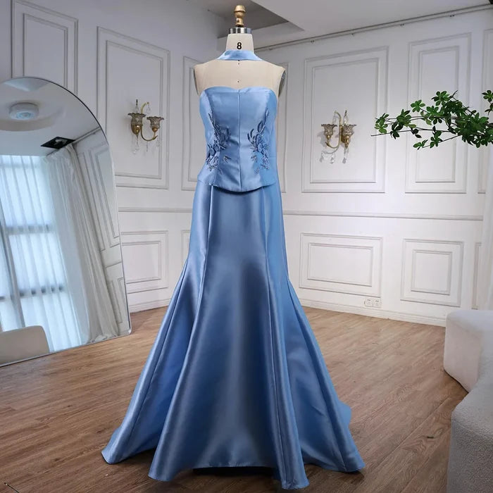 Luxury Blue Satin Mermaid Evening Dress with Long Scarf LA72831 - SERENE HILL