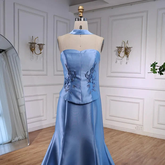 Luxury Blue Satin Mermaid Evening Dress with Long Scarf LA72831 - SERENE HILL