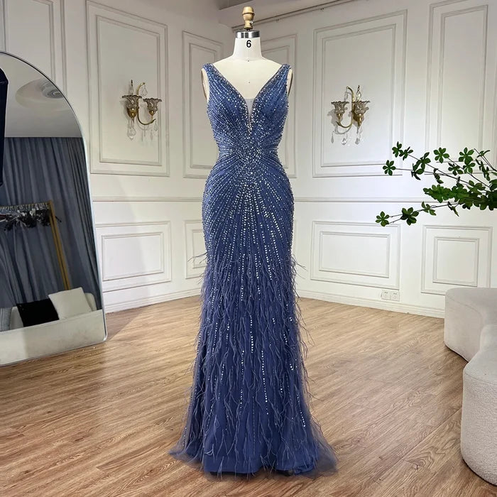 Serene Hill 2025 Blue Spaghetti Strap Luxury Dubai Evening Gowns with Feathers and Beading for Women Wedding Party LA72525 - SERENE HILL