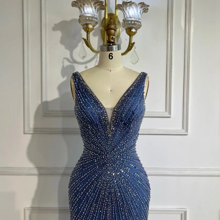 Serene Hill 2025 Blue Spaghetti Strap Luxury Dubai Evening Gowns with Feathers and Beading for Women Wedding Party LA72525 - SERENE HILL