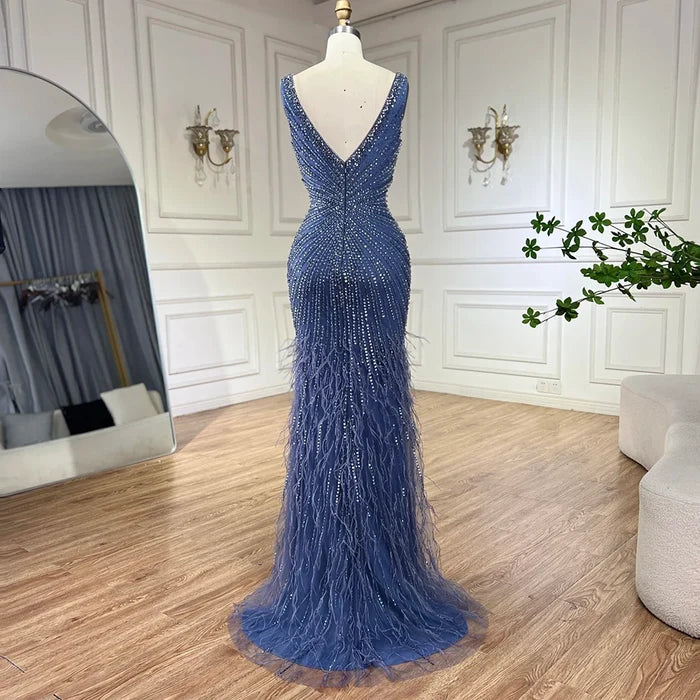 Serene Hill 2025 Blue Spaghetti Strap Luxury Dubai Evening Gowns with Feathers and Beading for Women Wedding Party LA72525 - SERENE HILL