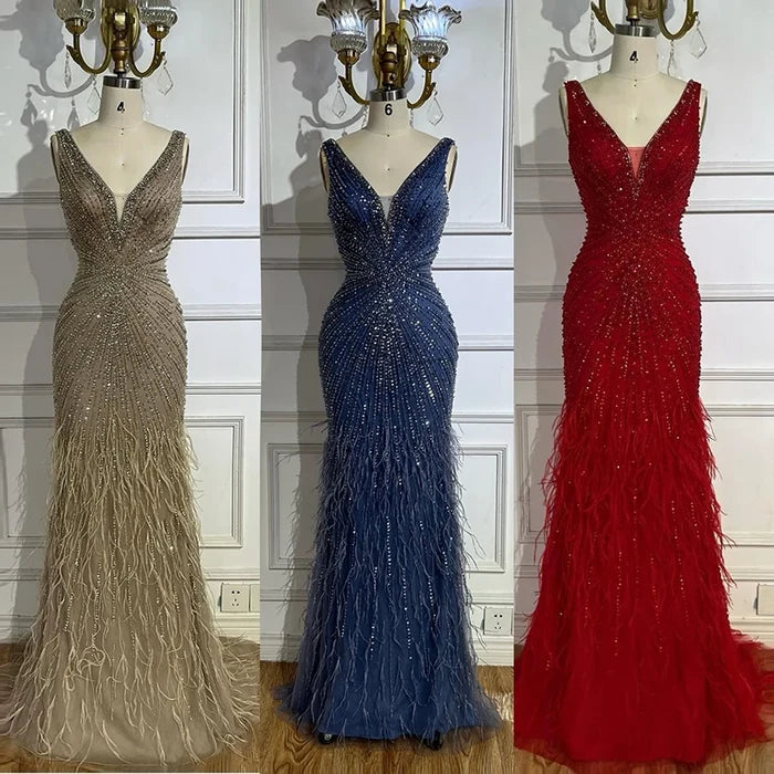 Serene Hill 2025 Blue Spaghetti Strap Luxury Dubai Evening Gowns with Feathers and Beading for Women Wedding Party LA72525 - SERENE HILL