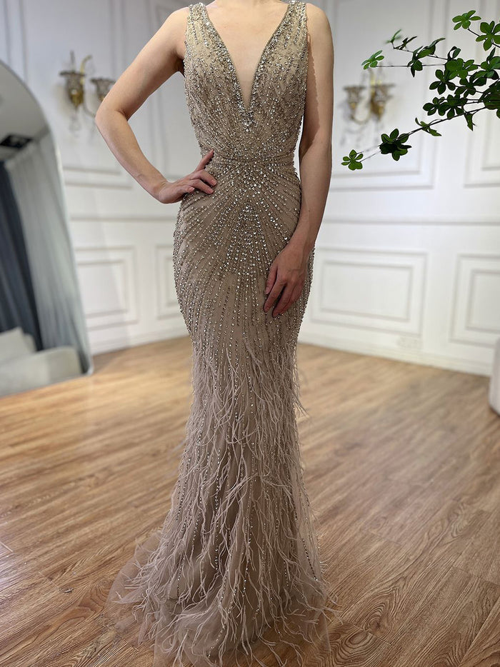 Luxury Blue Spaghetti Strap Beaded Feather Mermaid Evening Dress LA72525 - SERENE  HILL