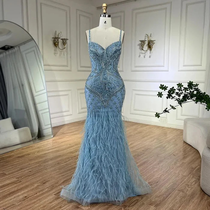 Luxury Blue Spaghetti Strap Feather Beaded Evening Dress LA72527 - SERENE HILL