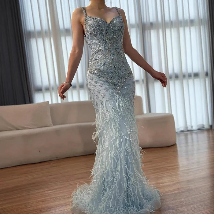 Luxury Blue Spaghetti Strap Feather Beaded Evening Dress LA72527 - SERENE HILL