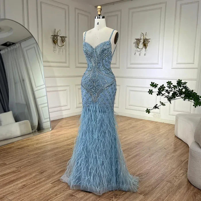 Luxury Blue Spaghetti Strap Feather Beaded Evening Dress LA72527 - SERENE HILL