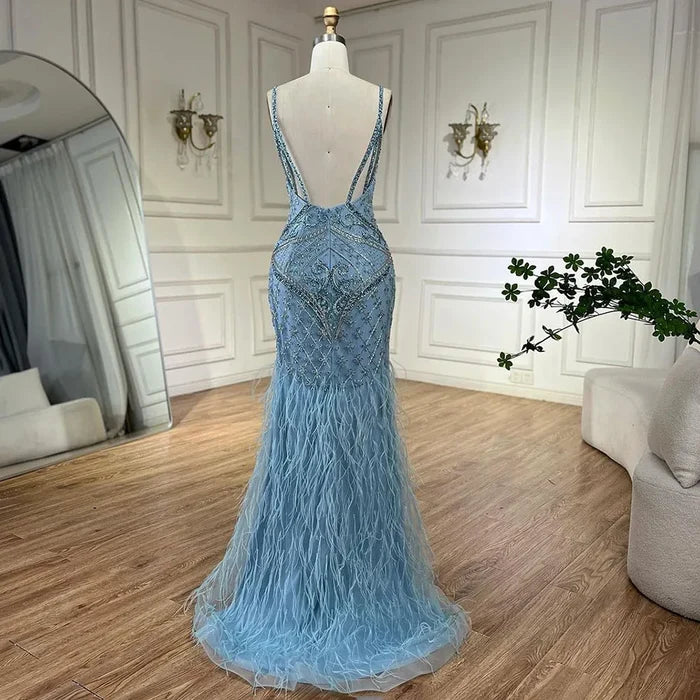 Luxury Blue Spaghetti Strap Feather Beaded Evening Dress LA72527 - SERENE HILL