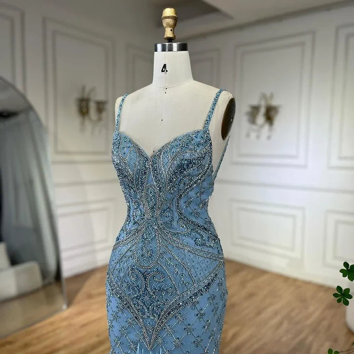 Luxury Blue Spaghetti Strap Feather Beaded Evening Dress LA72527 - SERENE HILL